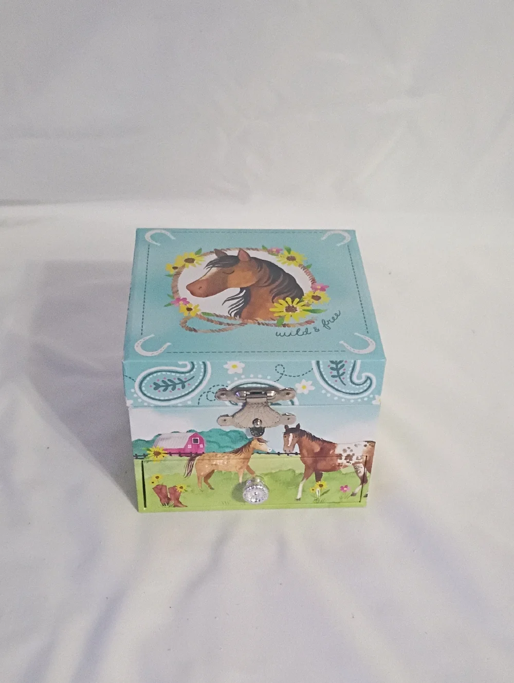 Pastoral Horse Music/Jewelry Box in Aqua and Green